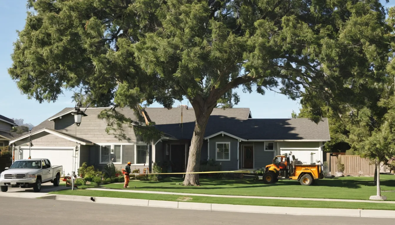 Provider crew safely taking down a large backyard tree near a ranch home in Overland Park
